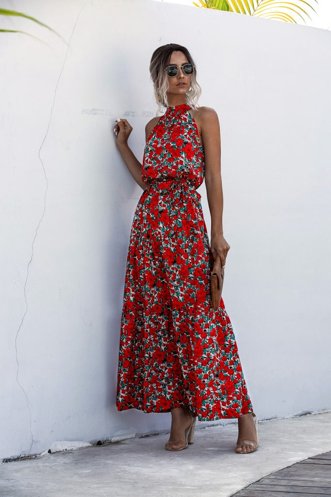 Floral Red Bohemian Boho Printed Hanging Neck Straps Maxi Dresses