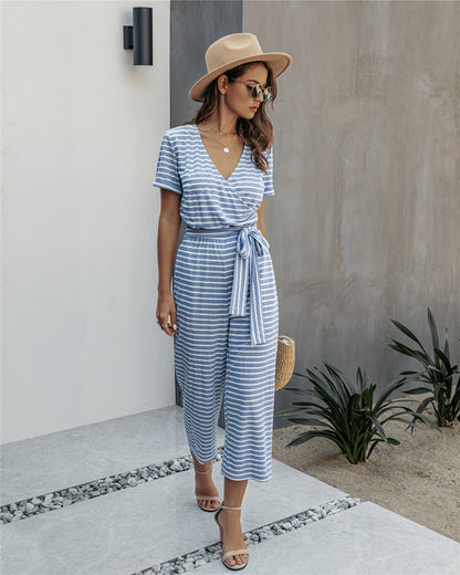 Stripe Print Tie Waisted Pocket Jumpsuit