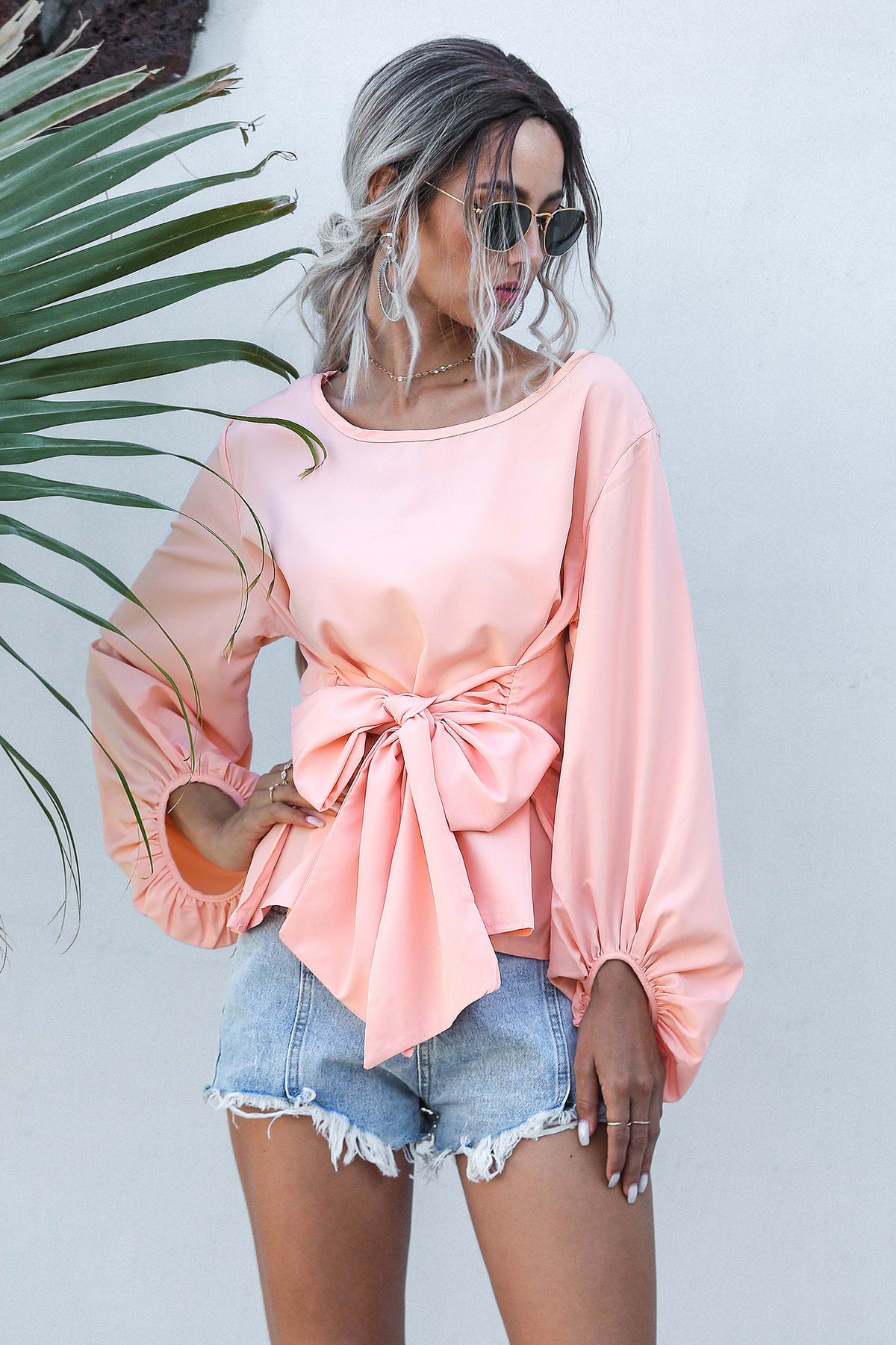 Lantern Sleeve Lace-up Tie Pink Chiffon Shirt