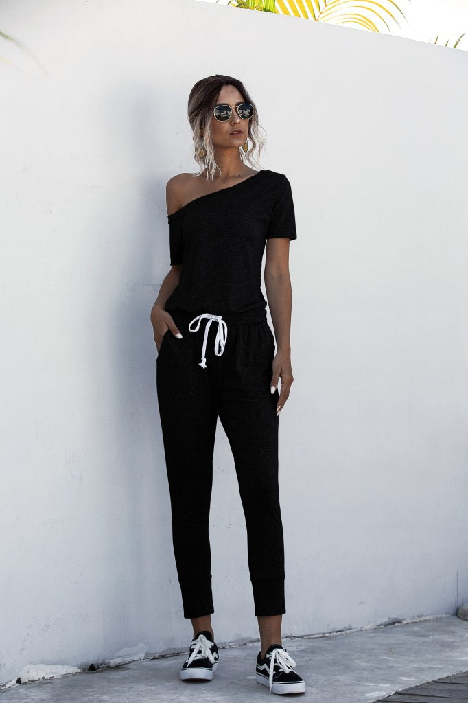 Diagonal Shoulder Lace-up Short Sleeve Casual Jumpsuit Rompers