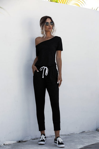 Diagonal Shoulder Lace-up Short Sleeve Casual Jumpsuit Rompers