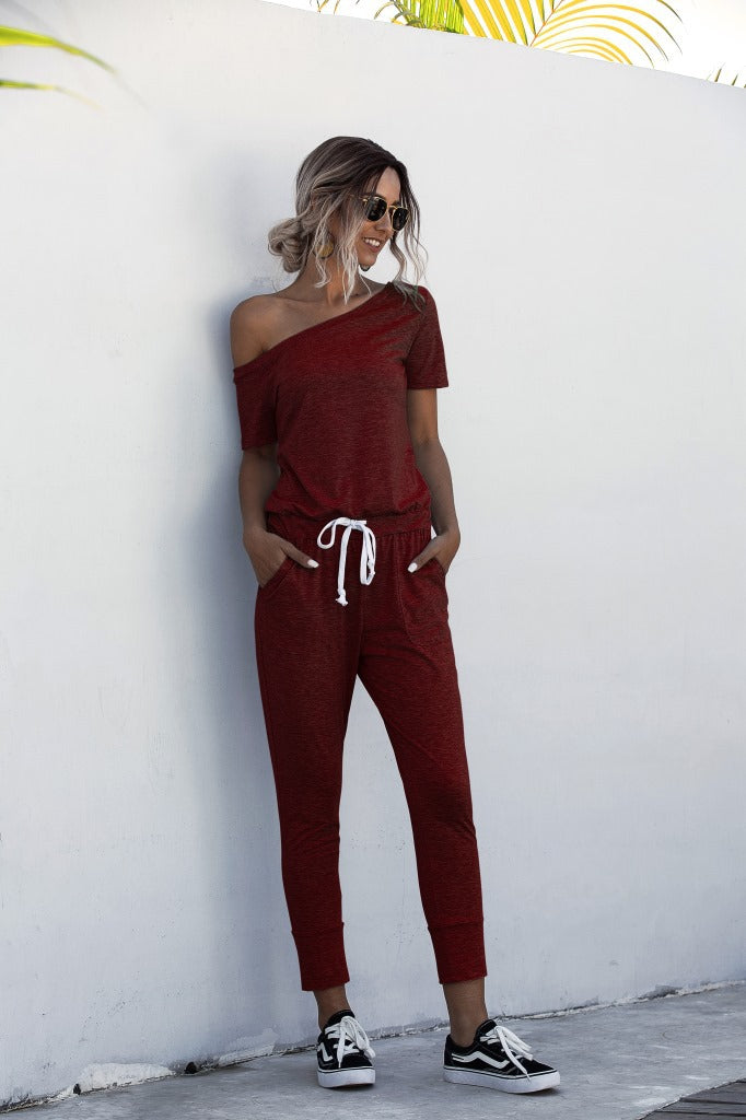 Diagonal Shoulder Lace-up Short Sleeve Casual Jumpsuit Rompers