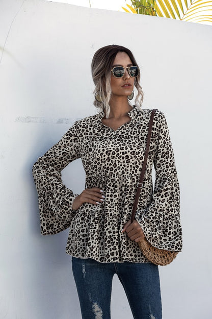 Leopard Print Lace-up Blouse Flared Sleeves Shirt