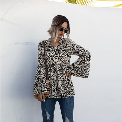 Leopard Print Lace-up Blouse Flared Sleeves Shirt