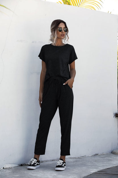 Round Collar Lace-up Short Sleeve Casual Two-piece Sport Set Home Workout Fitness S to XXXL Plus