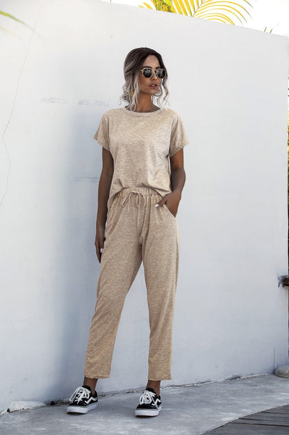 Round Collar Lace-up Short Sleeve Casual Two-piece Sport Set Home Workout Fitness S to XXXL Plus