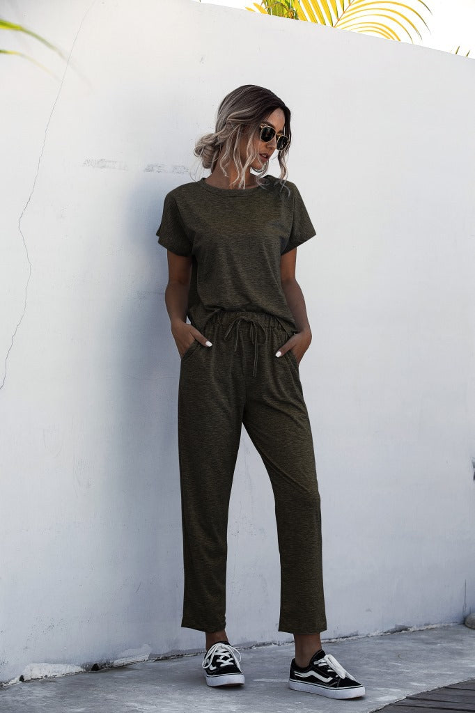 Round Collar Lace-up Short Sleeve Casual Two-piece Sport Set Home Workout Fitness S to XXXL Plus