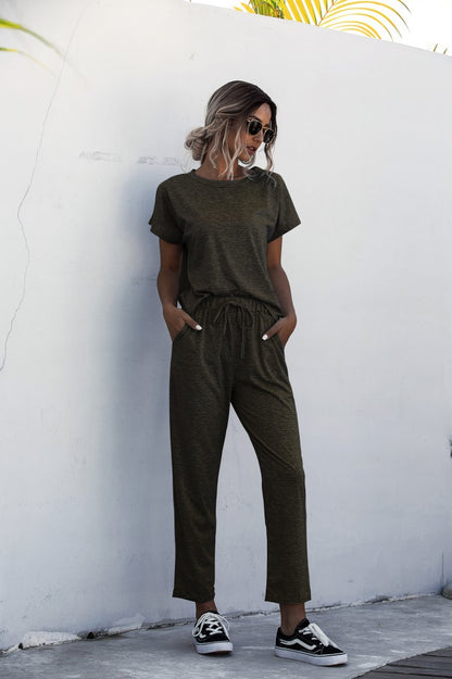 Round Collar Lace-up Short Sleeve Casual Two-piece Sport Set Home Workout Fitness S to XXXL Plus