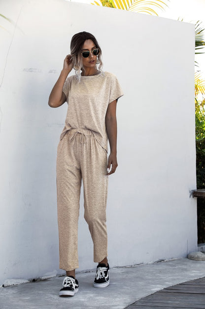 Round Collar Lace-up Short Sleeve Casual Two-piece Sport Set Home Workout Fitness S to XXXL Plus