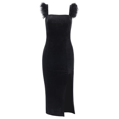 Square Collar Velvet Furry Sleeve Backless Party Midi Dresses