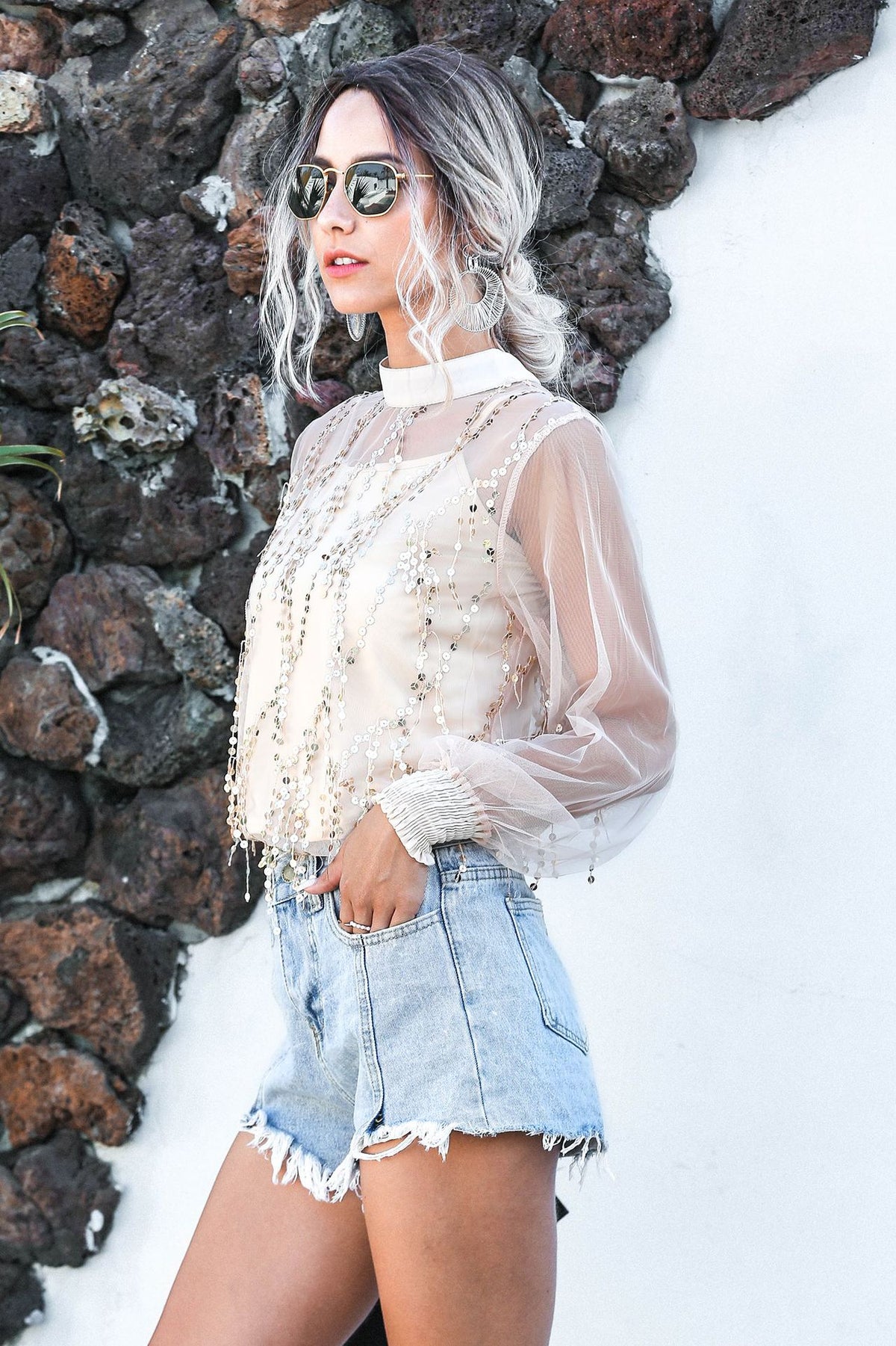 Lantern Sleeve Sparkly Chiffon Lace Sequin Shirt Tops