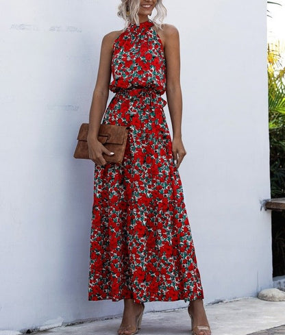 Floral Red Bohemian Boho Printed Hanging Neck Straps Maxi Dresses