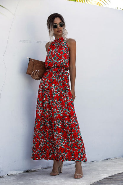 Floral Red Bohemian Boho Printed Hanging Neck Straps Maxi Dresses
