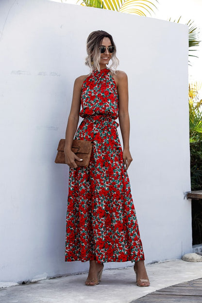 Floral Red Bohemian Boho Printed Hanging Neck Straps Maxi Dresses