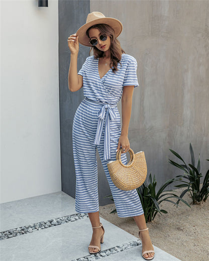 Stripe Print Tie Waisted Pocket Jumpsuit