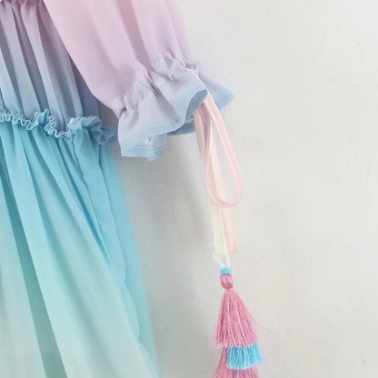 Rainbow Deep V Long Sleeve Gradient Vacation Maxi Dresses