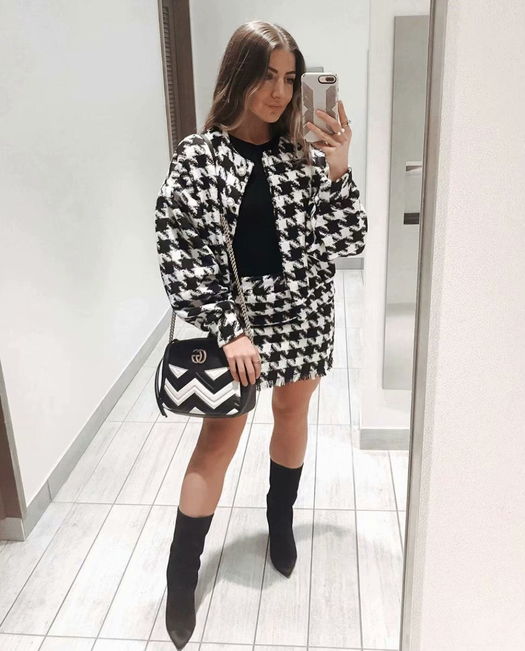 Houndstooth Beaded Buckle Long Sleeve Short Jacket Skirt Dress Suit