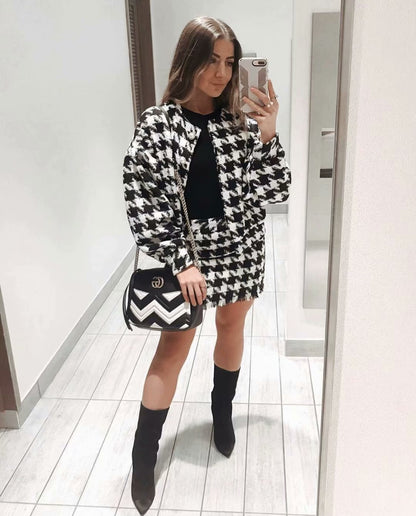 Houndstooth Beaded Buckle Long Sleeve Short Jacket Skirt Dress Suit