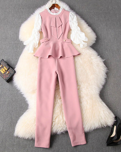Ruffled Hem Blazers Splicing Chiffon Sleeve and Pants Two-piece Set