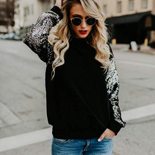 Sequins Round Neck Long Sleeve Loose Waist Blouses