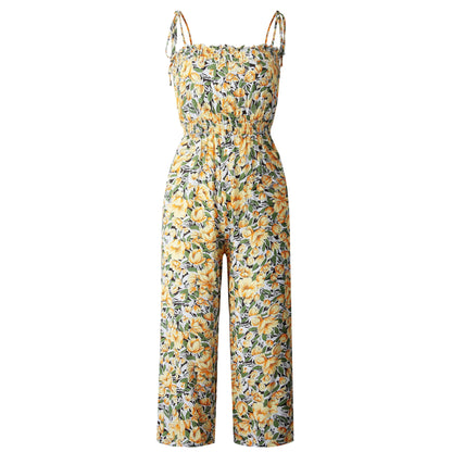 Off Shoulder Backless Suspenders Jumpsuit Elastic Waist Printed Rompers