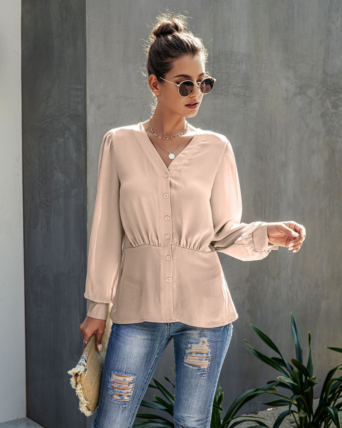 Single-breasted V-neck Long Sleeve Shirt