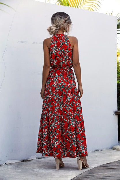 Floral Red Bohemian Boho Printed Hanging Neck Straps Maxi Dresses