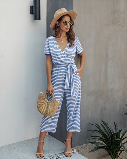 Stripe Print Tie Waisted Pocket Jumpsuit