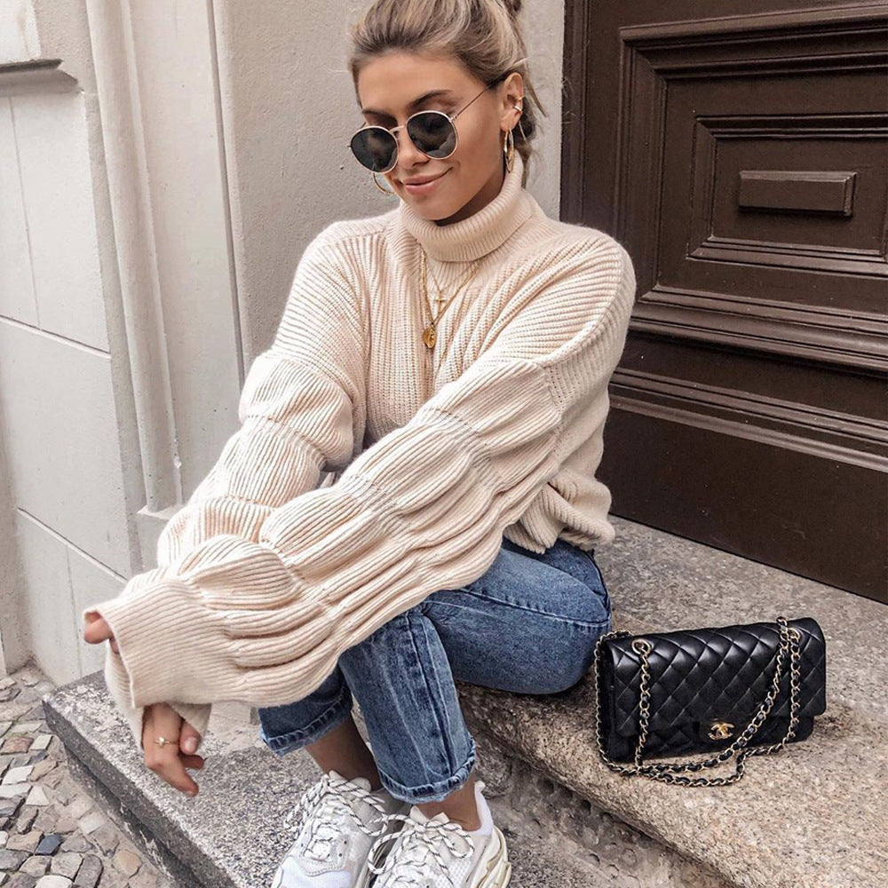 Lantern Sleeve High-collared Knit Sweaters