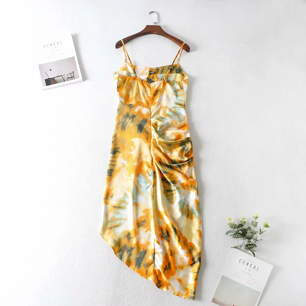 Tie Dye Vintage Irregular Hem Floral Bodycon Party Midi Dresses