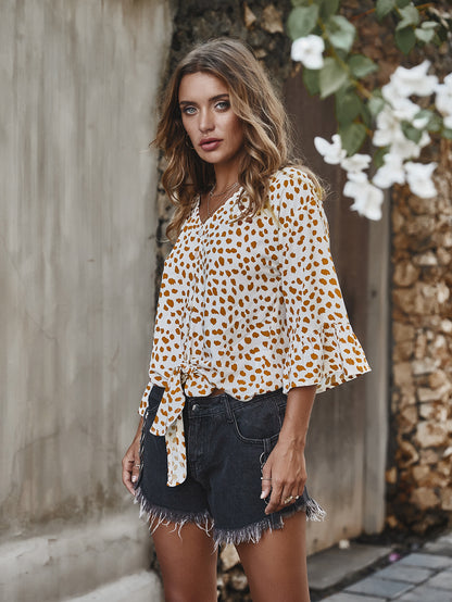V-neck Printed Floral Tops Lotus Sleeve Polka Dot T-shirt