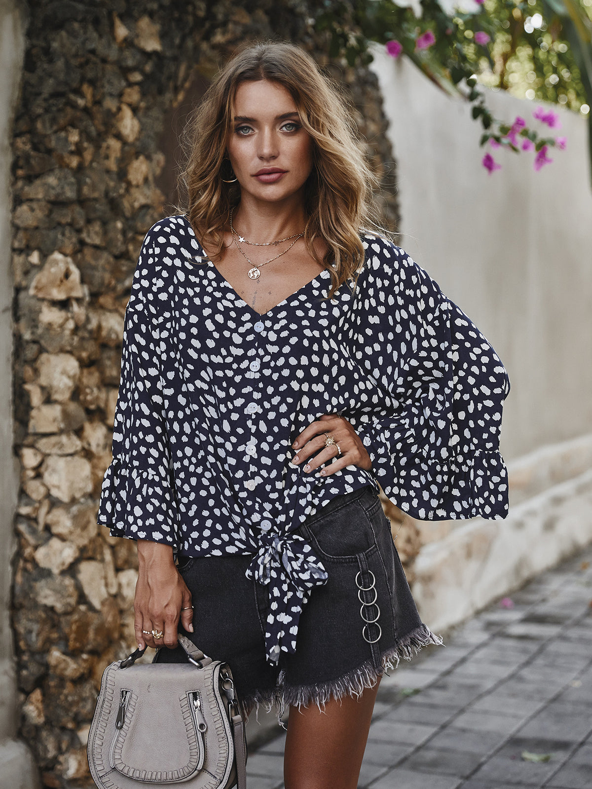 V-neck Printed Floral Tops Lotus Sleeve Polka Dot T-shirt