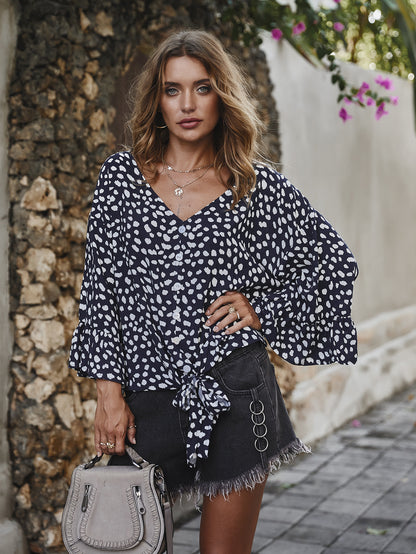 V-neck Printed Floral Tops Lotus Sleeve Polka Dot T-shirt