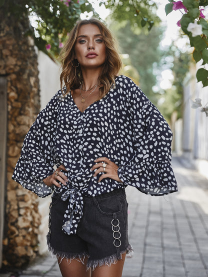 V-neck Printed Floral Tops Lotus Sleeve Polka Dot T-shirt