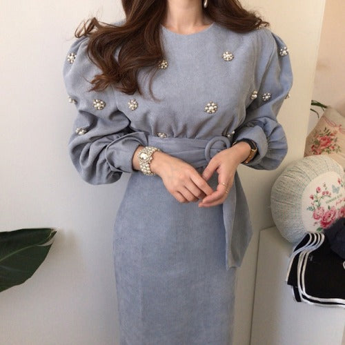 Puff Sleeve Lacing Corduroy Floral Midi Dresses