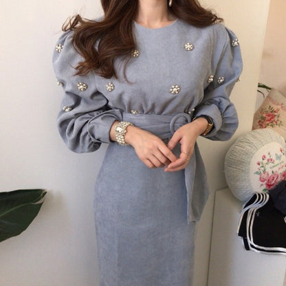 Puff Sleeve Lacing Corduroy Floral Midi Dresses
