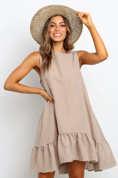 Sleeveless Plaid Round Neck Ruffles Hem Mini Dresses
