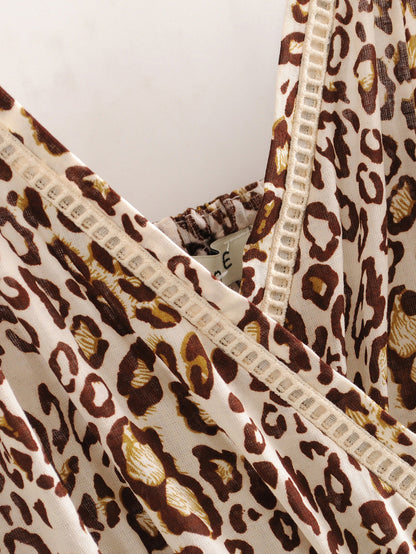 Leopard Print Suspenders Jumpsuit Lace-up Rompers Wide Leg Pants