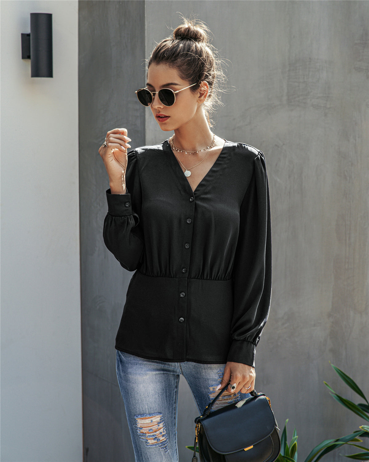 Single-breasted V-neck Long Sleeve Shirt