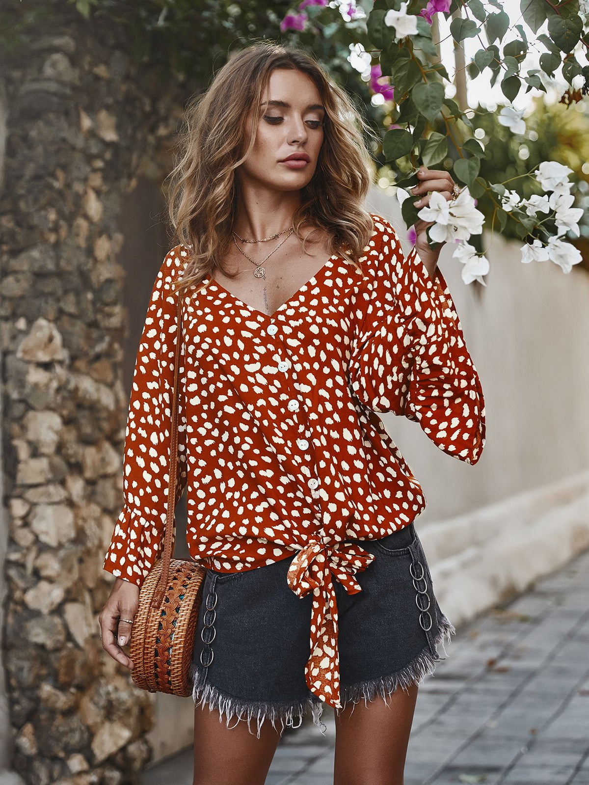 V-neck Printed Floral Tops Lotus Sleeve Polka Dot T-shirt
