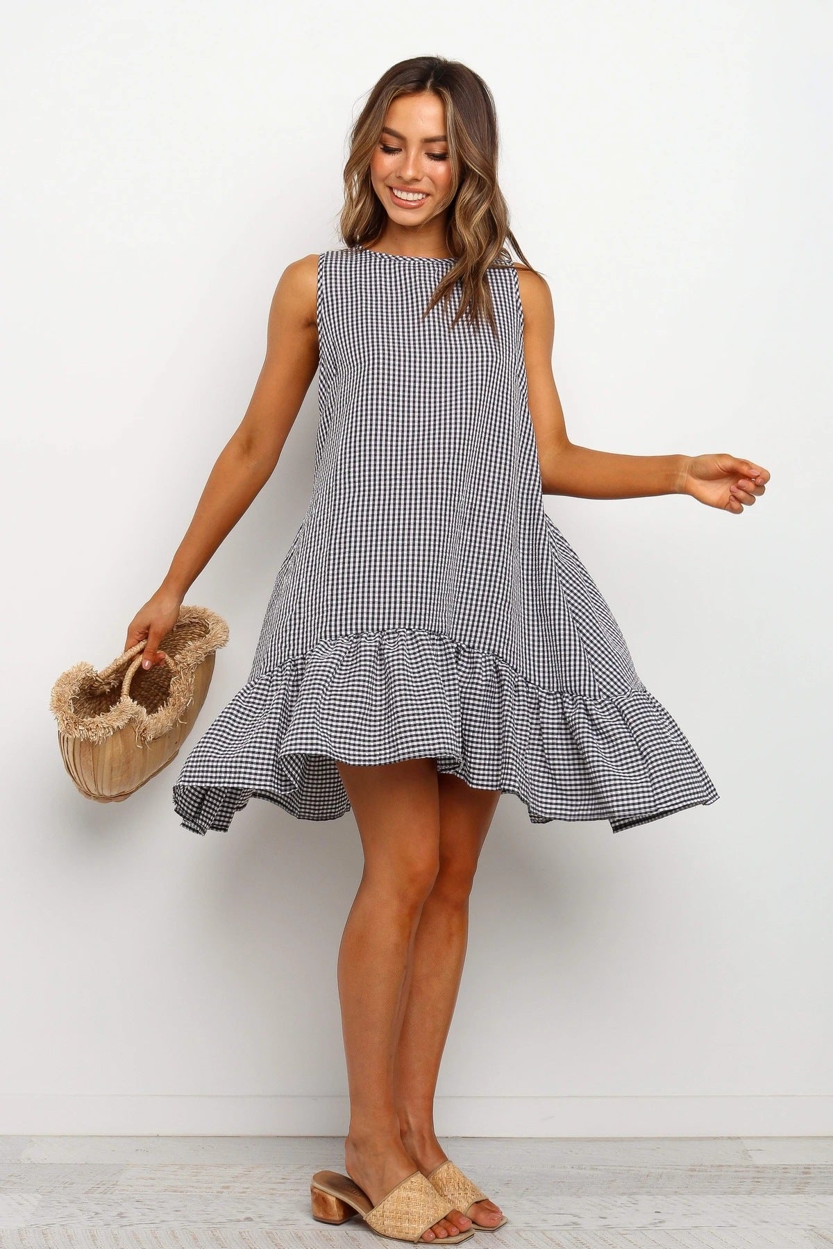 Sleeveless Plaid Round Neck Ruffles Hem Mini Dresses