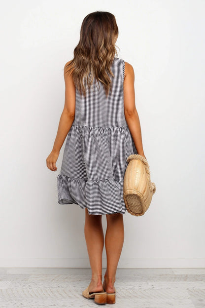 Sleeveless Plaid Round Neck Ruffles Hem Mini Dresses