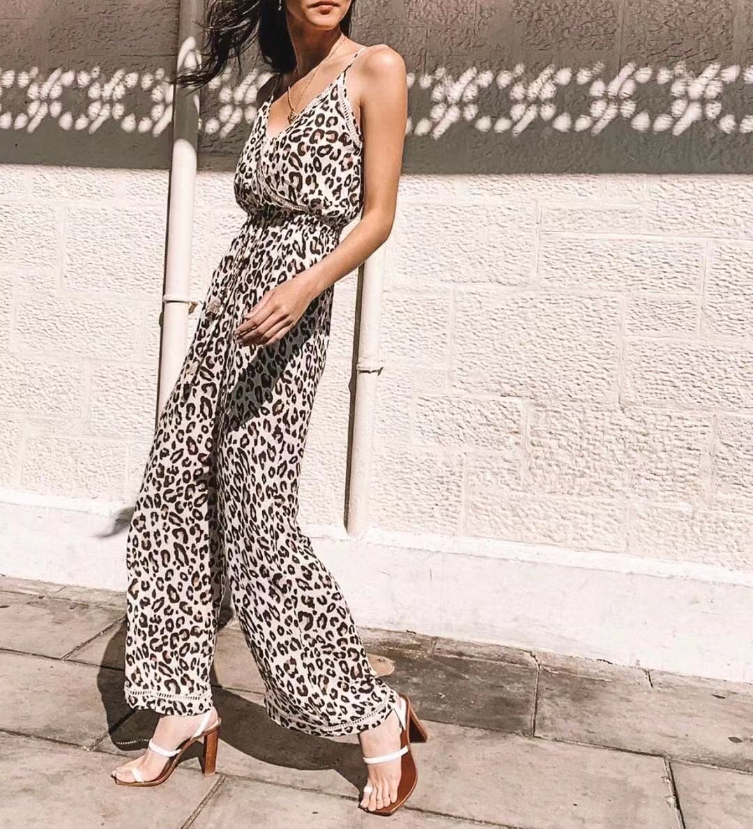 Leopard Print Suspenders Jumpsuit Lace-up Rompers Wide Leg Pants