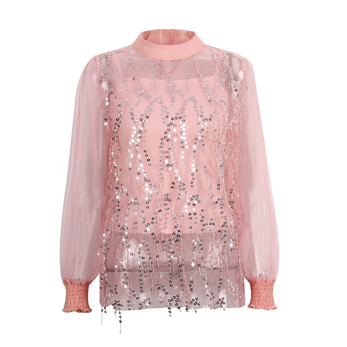Lantern Sleeve Sparkly Chiffon Lace Sequin Shirt Tops