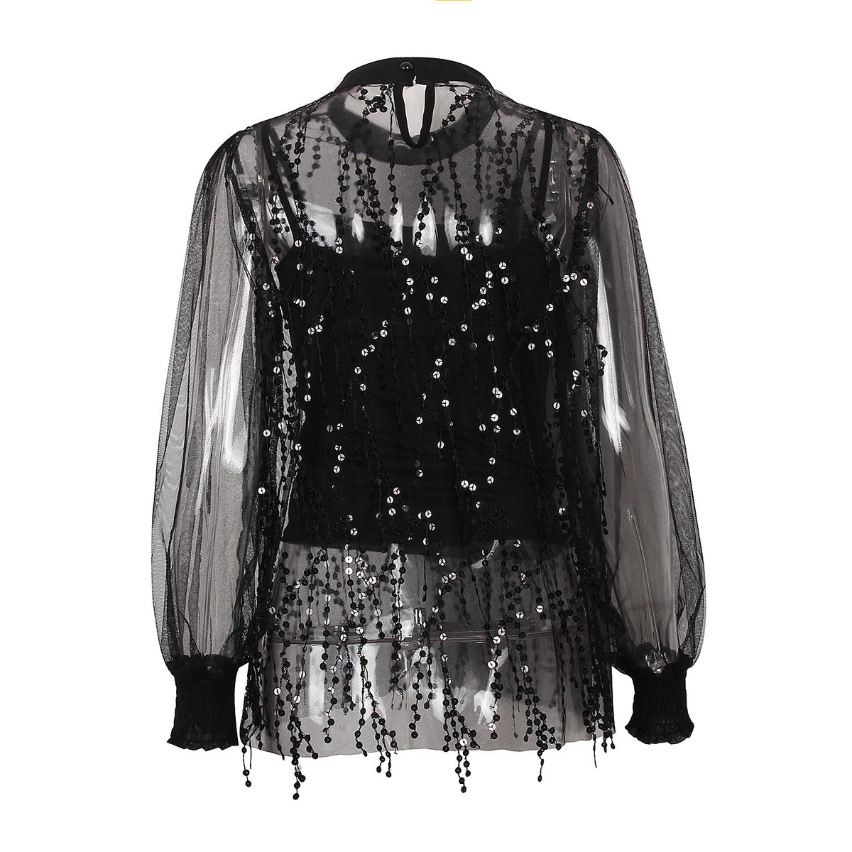 Lantern Sleeve Sparkly Chiffon Lace Sequin Shirt Tops