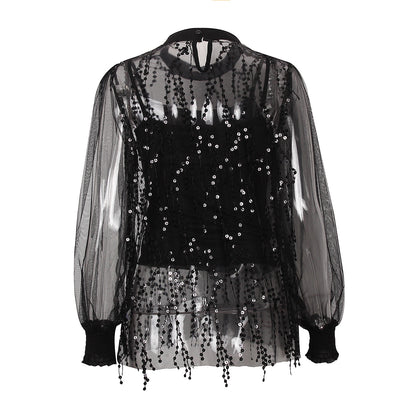 Lantern Sleeve Sparkly Chiffon Lace Sequin Shirt Tops