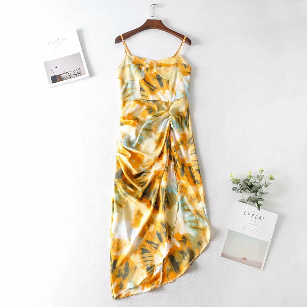 Tie Dye Vintage Irregular Hem Floral Bodycon Party Midi Dresses