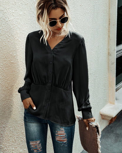 Single-breasted V-neck Long Sleeve Shirt