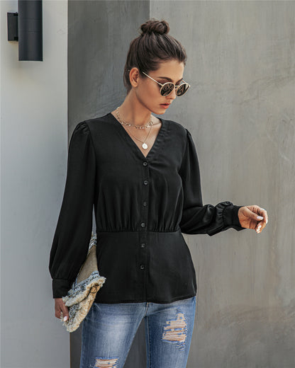 Single-breasted V-neck Long Sleeve Shirt