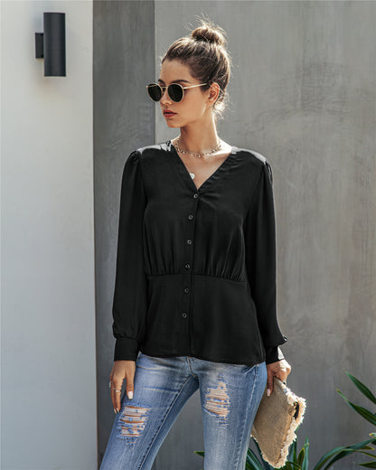 Single-breasted V-neck Long Sleeve Shirt